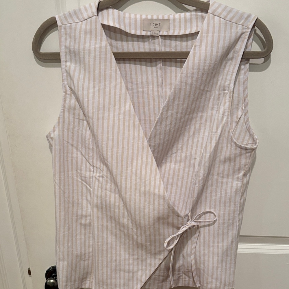 LOFT Women's Beige Striped Sleeveless Wrap Blouse